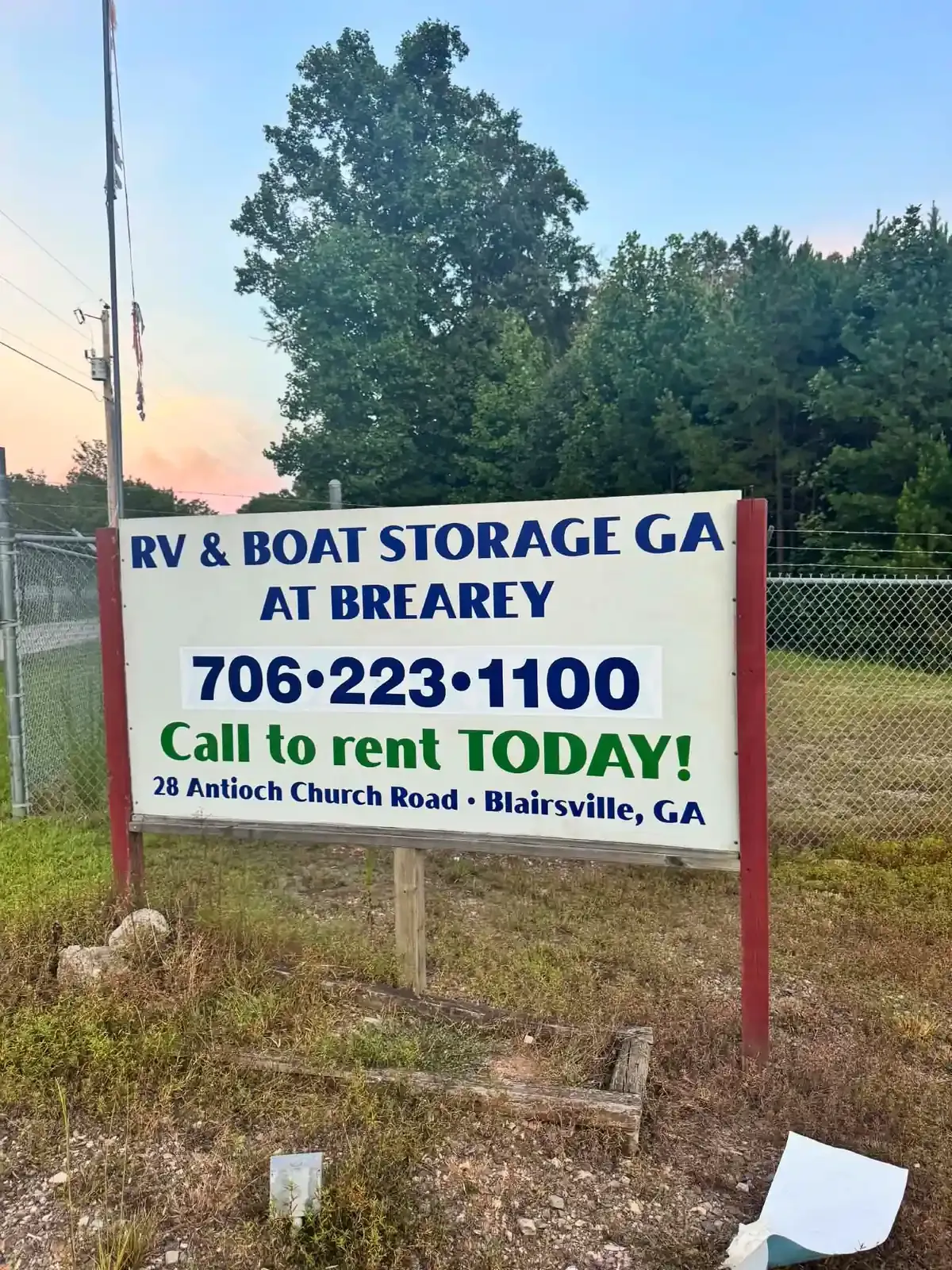 Signage with "RV & Boat Storage GA at Breary" verbiage